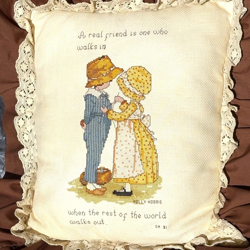 Vintage Holly Hobbie Cross Stitch Pillow Ruffle Lace Friendship 1981 Brown Cream